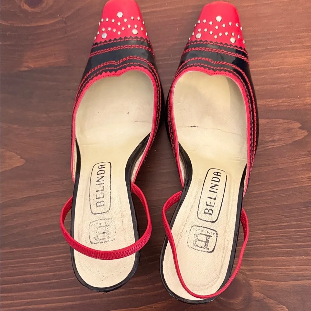 Vintage Red pinup whimsigoth Black Studded Slingback Heels Square Toe Punk 37
